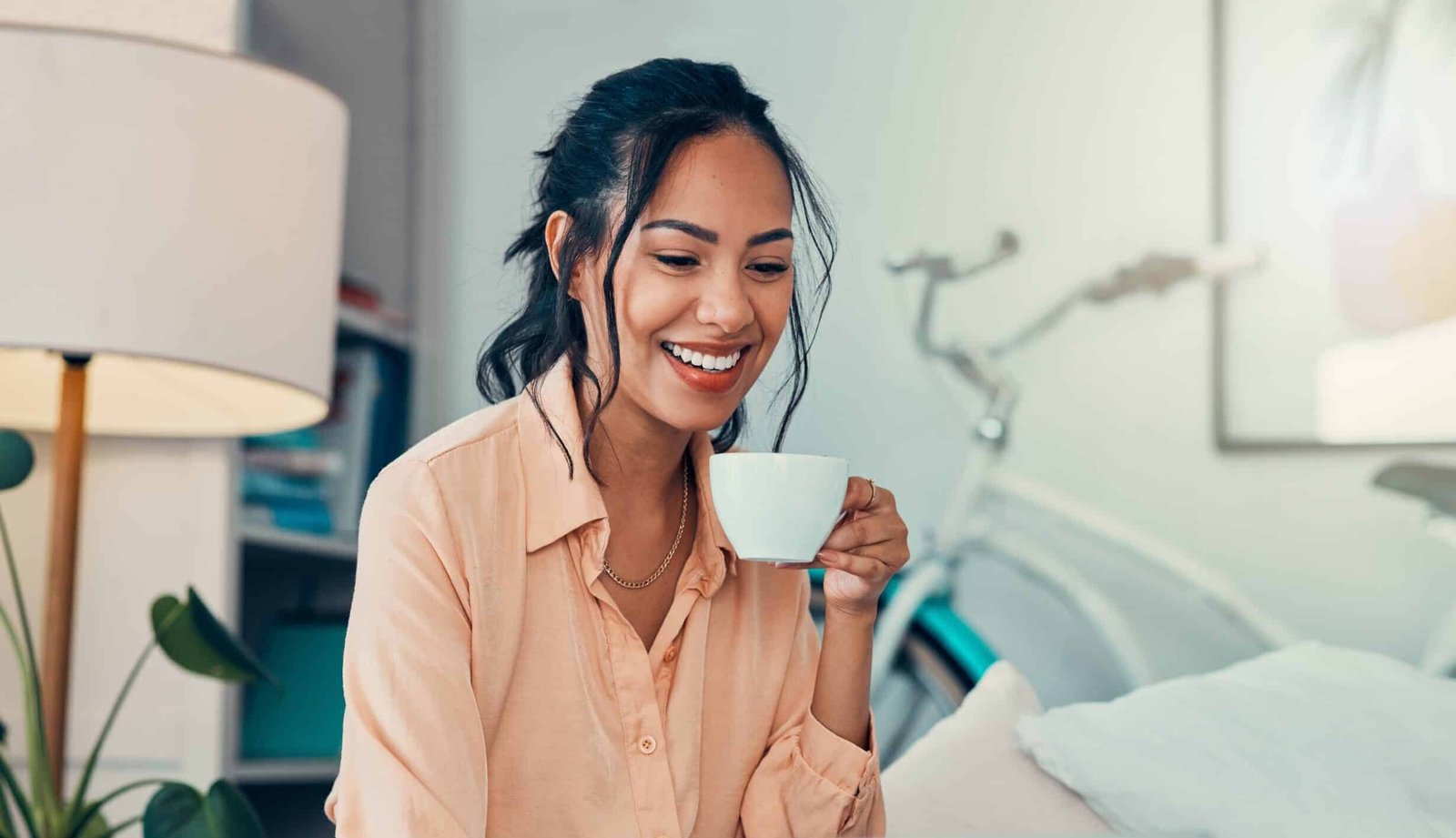 Coffee,,Laptop,And,Woman,Relax,On,Bed,At,Home,,Typing