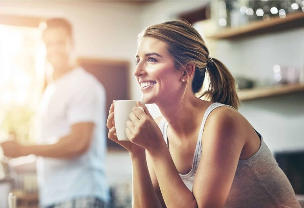 Dream,,Drinking,Coffee,And,Happy,Woman,In,Home,Kitchen,For