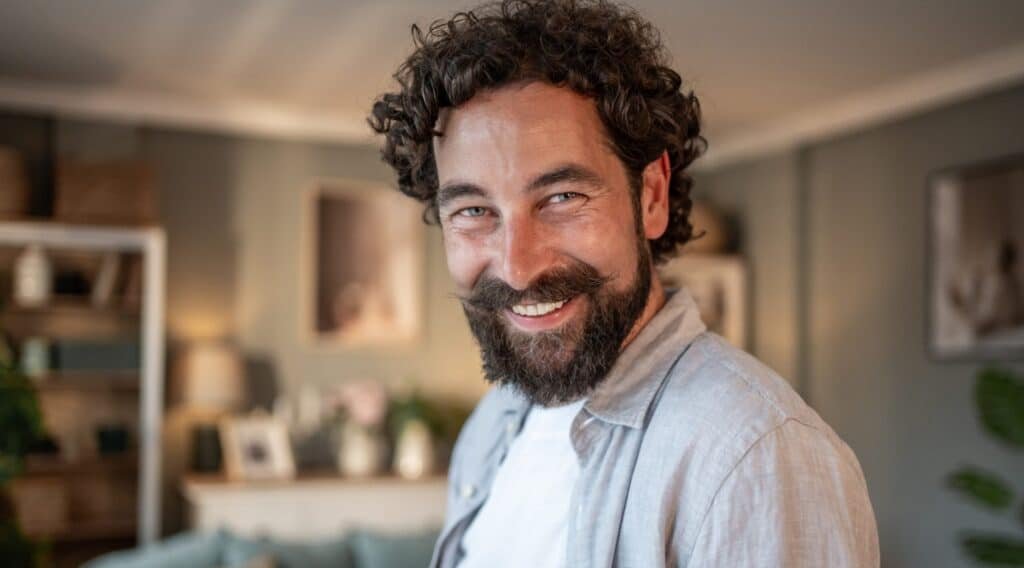 Happy,Man,With,Curly,Hair,,Beard,,And,Mustache,Smiling,While